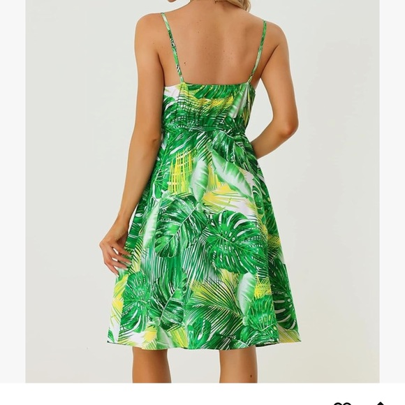 Allegra K green palm tree tropical leaf midi dress with tie knot bust - Picture 3 of 7